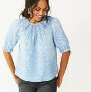 Sonoma Elbow Sleeve Smock Neck Denim Floral Paisley Top Cottagecore Boho Large